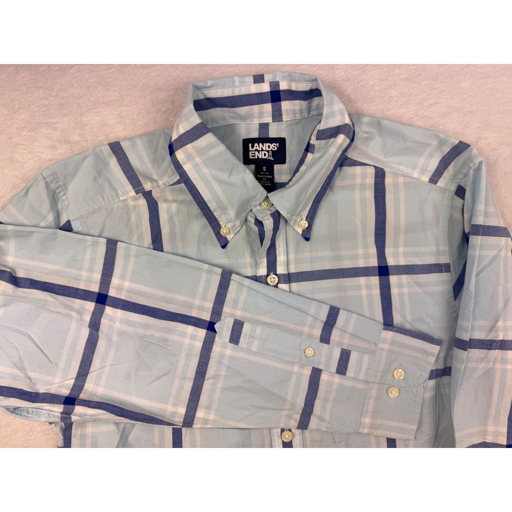Lands' End Mens Small Blue Plaid Button Down Shirt Long Sleeve Traditional Fit
